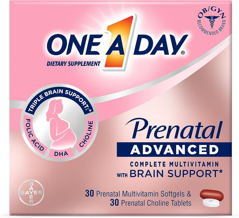 One A Day Womens Prenatal Advanced Complete Multivitamin with Brain Support* with Choline, Folic Acid, Omega-3 DHA & Iron for Pre, During and Post Pregnancy, 30+30 Count (60 Count Total Set)