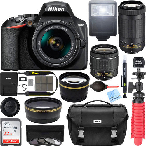 Nikon D3500 DSLR Camera w/AF-P DX 18-55mm VR & 70-300mm Double Zoom Lens Kit Travel Case + Wide Angle & Telephoto Lens + Filter Set 32GB Accessory