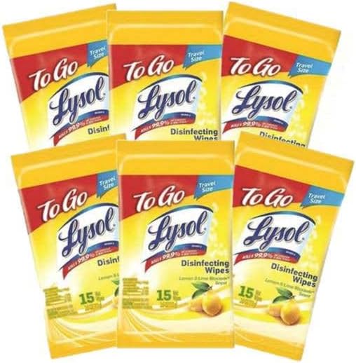 Lysol Disinfecting Wipes To-Go Pack, Lemon Scent, 15 Count (Pack of 6)
