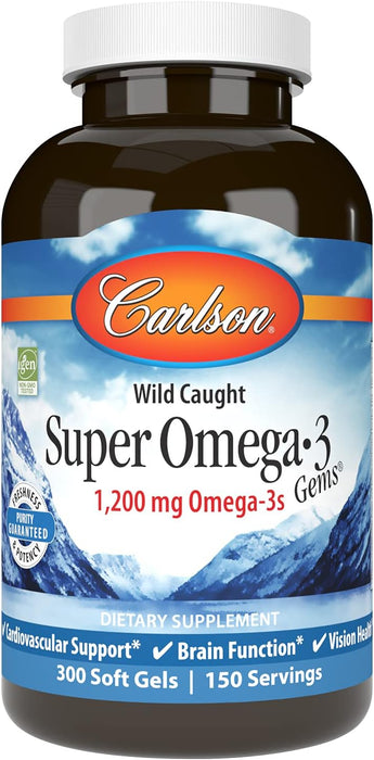 Carlson - Super Omega-3 Gems, 1200 mg Omega-3 Fatty Acids with EPA and DHA, Wild-Caught Norwegian Fish Oil Supplement, Sustainably Sourced Capsules 300 Softgels