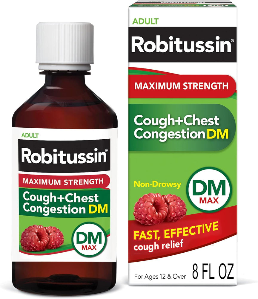 Robitussin Adult Maximum Strength Cough + Chest Congestion DM Max (8 fl. oz. Bottle), Non-Drowsy Suppressant & Expectorant, Raspberry Flavor