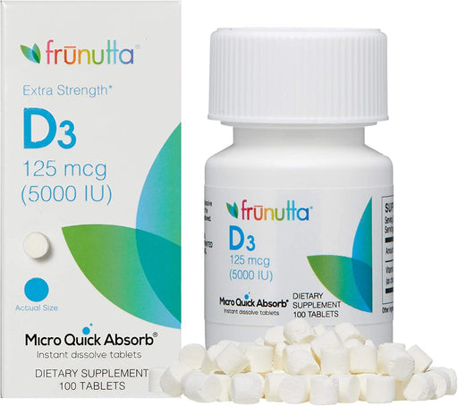 Frunutta Vitamin D3 5000 IU Under The Tongue Instant Dissolve Tablets - 125 mcg x 100 Tablets - for Stronger Bones, Muscles and Immune System - Dietary Supplement- Non-GMO, Gluten Free