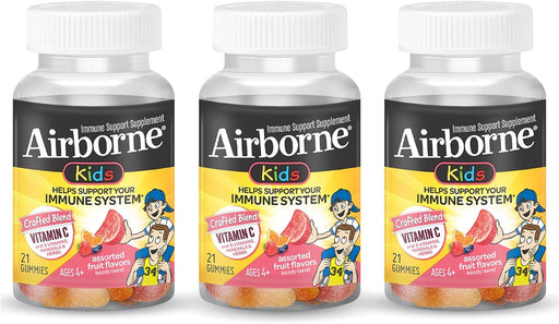 Airborne Kids Assorted Fruit Flavored Gummies, 21 Count - 667mg of Vitamin C and Minerals & Herbs Immune Support (Pack of 3)