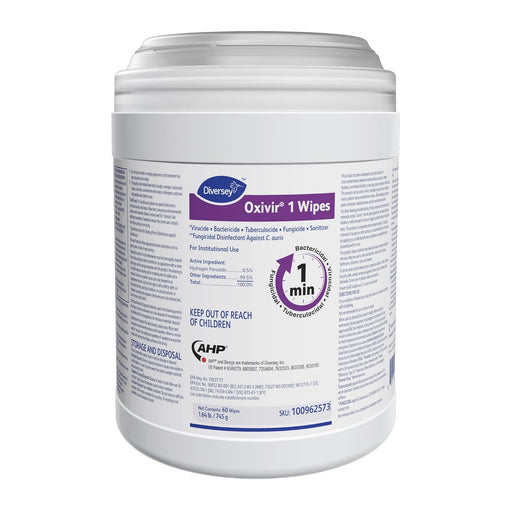Oxivir Diversey 1 100962573 Disinfectant Cleaning Wipes, Pre-Moistened with Accelerated Hydrogen Peroxide AHP, Unscented, 60 Large 10x10-Inch Wipes, 1-Canister