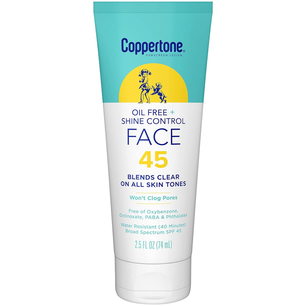 Coppertone Oil Free + Shine Control Sunscreen Face Lotion SPF 45, Lightweight Sunscreen for All Skin Tones, Won't Clog Pores, Fragrance Free, 2.5 Fl Oz Tube