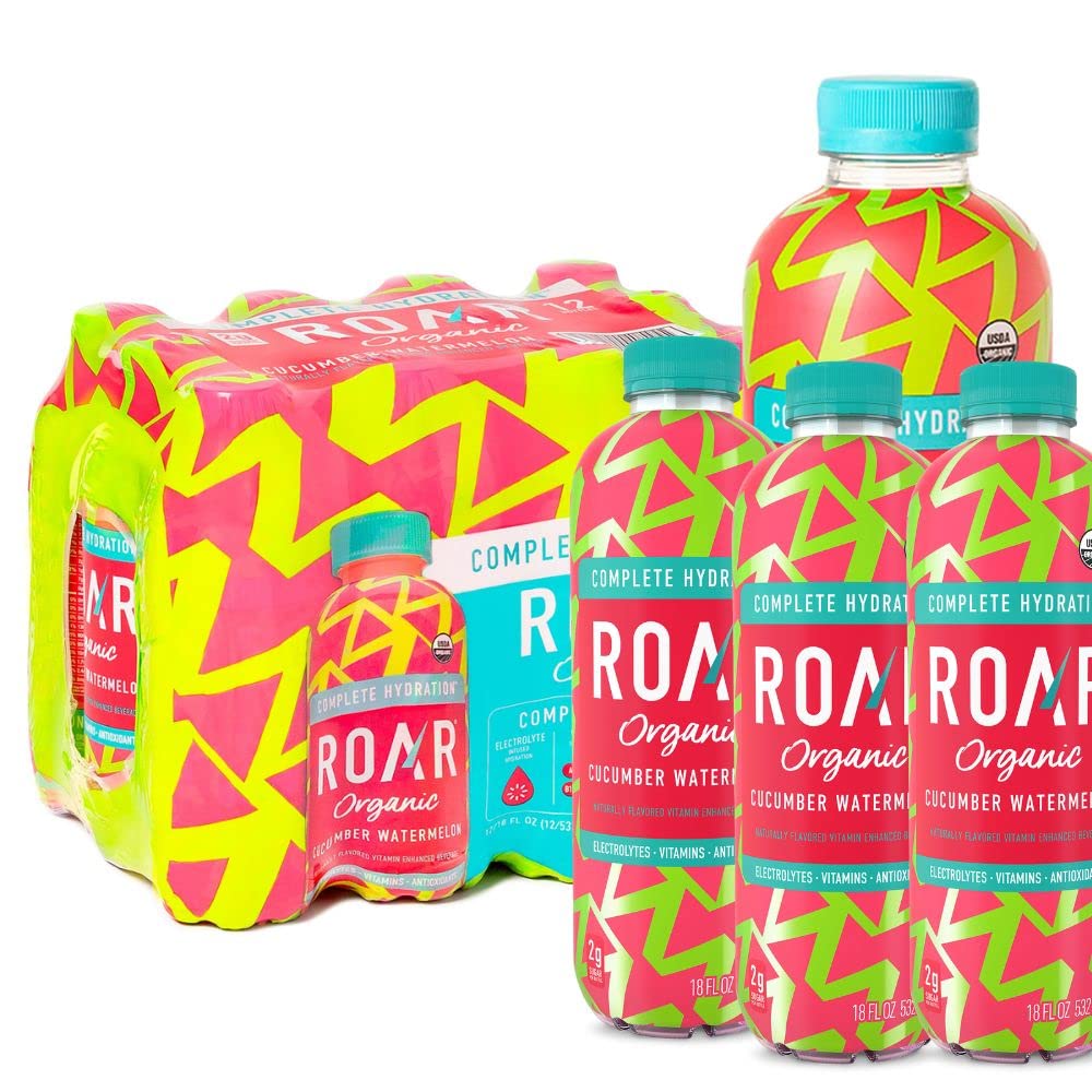 Roar Organic Electrolyte Infusions - USDA Organic - Cucumber Watermelon - with Antioxidants, B Vitamins, Low-Calorie, Low-Sugar, Low-Carb, Coconut Water Infused Beverage 18 Fl Oz (Pack of 16)