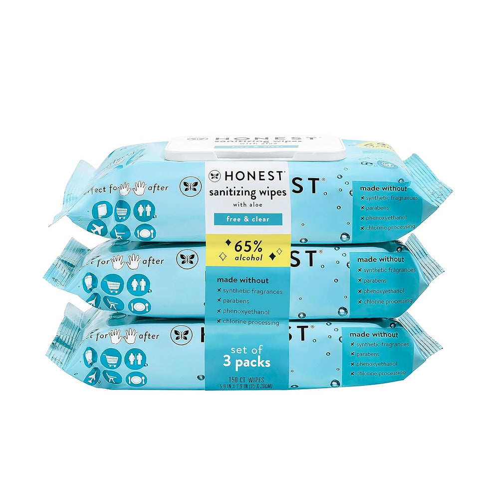The Honest Company Sanitizing Alcohol Wipes | Kills 99% of Germs, Made With Aloe | Unscented, 150 Count (3 Packs of 50)