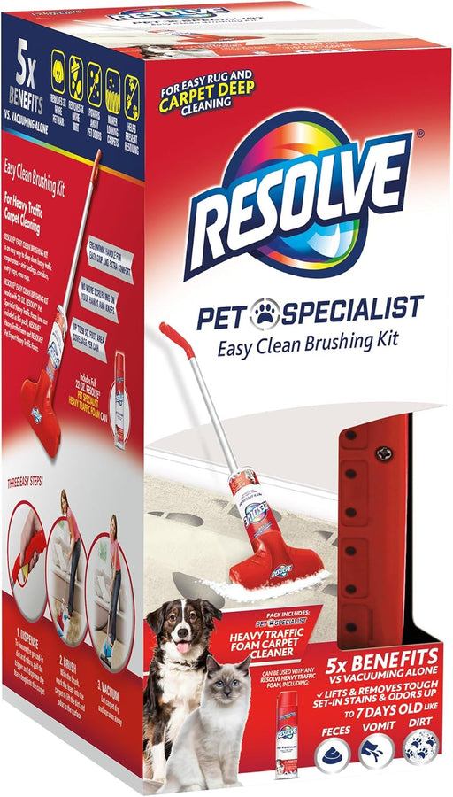 Resolve Pet Specialist Easy Clean Brushing Kit includes High Traffic Foam Carpet Cleaner, Pet Stain and Odor Remover, 22oz