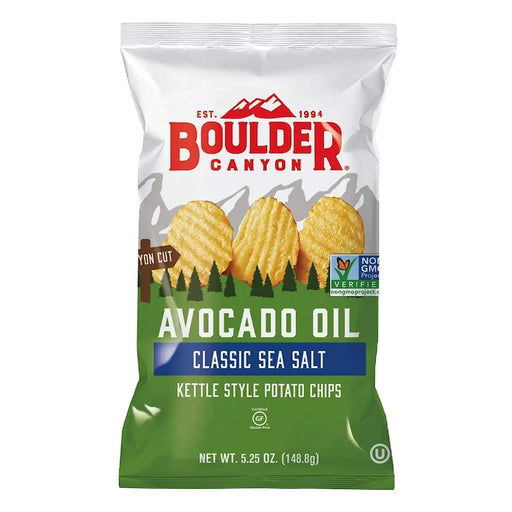 Boulder Canyon Avocado Oil Kettle Cooked Potato Chips, Sea Salt, Wavy Cut, 5.25 oz. Bag, 12 Count – Crunchy Chips Cooked in 100% Avocado Oil, Perfect for Dipping, Great for Lunches or Snacks