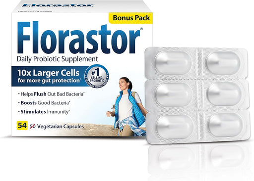 Florastor Probiotics for Digestive & Immune Health, 54 Capsules, Probiotics for Women & Men, Dual Action Helps Flush Out Bad Bacteria & boosts The Good with Our Unique Strain Saccharomyces boulardii