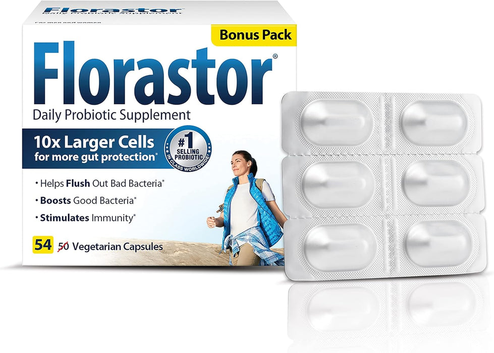 Florastor Probiotics for Digestive & Immune Health, 54 Capsules, Probiotics for Women & Men, Dual Action Helps Flush Out Bad Bacteria & boosts The Good with Our Unique Strain Saccharomyces boulardii