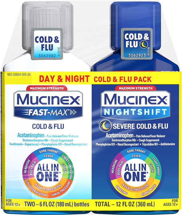 Mucinex Maximum Strength Fast-Max Cold & Flu and Nightshift, All-in-One Multi Symptom Relief Liquid, 6 Fl Oz - 2 Count (Pack of 1)
