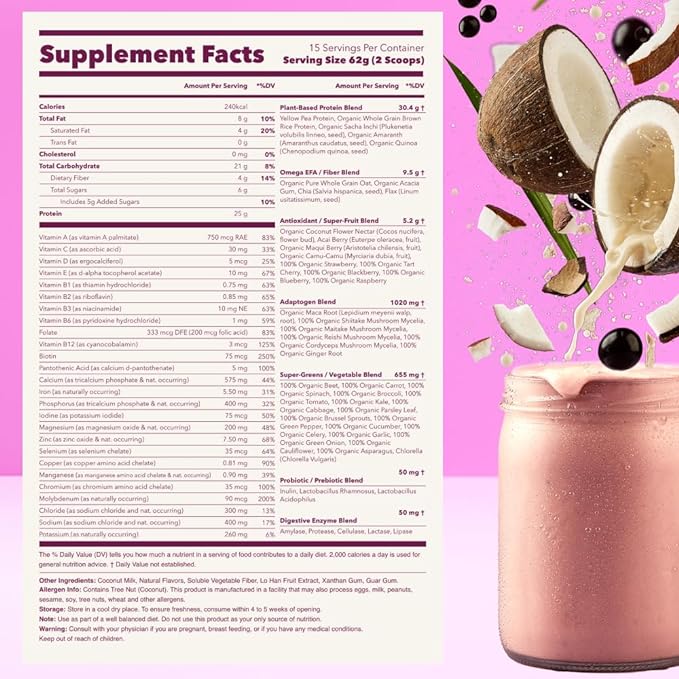 Ka’Chava All-In-One Nutrition Shake Blend, Coconut Acai, Superfoods, 26g Vitamins and Minerals, 25g Plant-Based Protein