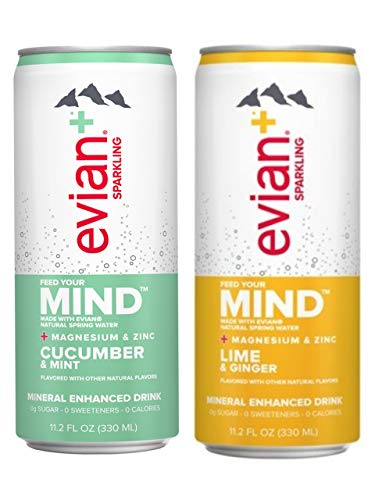 Evian mind sparkling water 11.2 fl oz, 6 cucumber, 6 lime ginger, total 12 cans