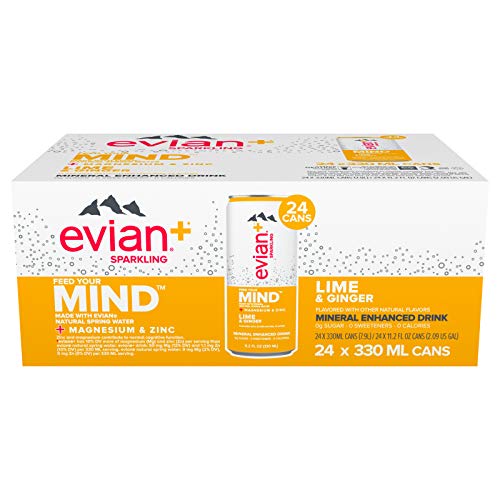 Evian+ Sparkling Mineral Enhanced Drink 11.2 Cans Pack of 24 Enhanced with Magnesium Zinc, Lime & Ginger, 268.8 Fl Oz