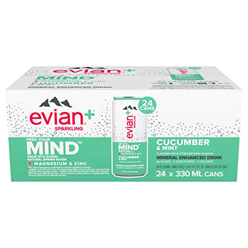 evian+ Sparkling Mineral Enhanced Drink Enhanced with Magnesium Zinc, Cucumber & Mint, 11.2 Cans Pack of 24, 268.8 Fl Oz