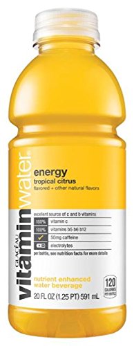 Glaceau VitaminWater Nutrient Enhanced Water Beverage, Energy (Tropical Citrus), Vitamin B + Guarana, 20 oz (Pack of 24)