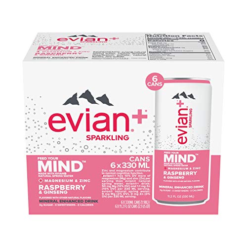 Evian+ Sparkling Mineral Enhanced Drink, Raspberry & Ginseng, 11.2 fl oz cans, 6 pack