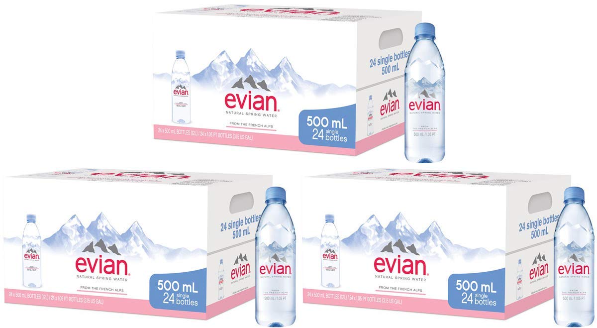 evian lop Natural Spring Water Individual 500 ml (16.9 oz.) Bottles, Naturally Filtered Spring Water in Individual-Sized Plastic Bottles, 3 Cases of 24 - 4 PACK