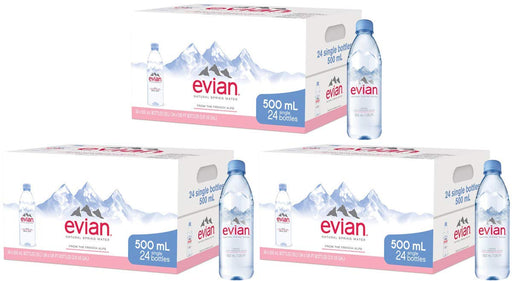evian lop Natural Spring Water Individual 500 ml (16.9 oz.) Bottles, Naturally Filtered Spring Water in Individual-Sized Plastic Bottles, 3 Cases of 24 - 2 PACK
