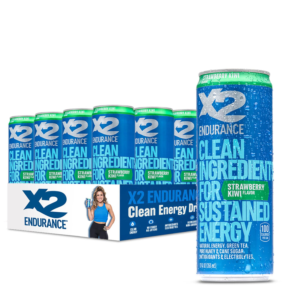 X2 Clean Energy Drink - Sustained Energy for Sport & Fitness Endurance, Low Calorie & Low Sugar (Strawberry Kiwi, Pack of 12) Strawberry Kiwi 12 Fl Oz (Pack of 12)