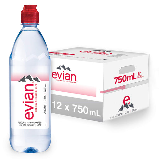 evian Natural Spring Water Individual 750 mL/25.4 Fl Oz (Pack of 12), Water Bottles with Sports Cap, Naturally Filtered Spring Water in Individual-Sized Bottles