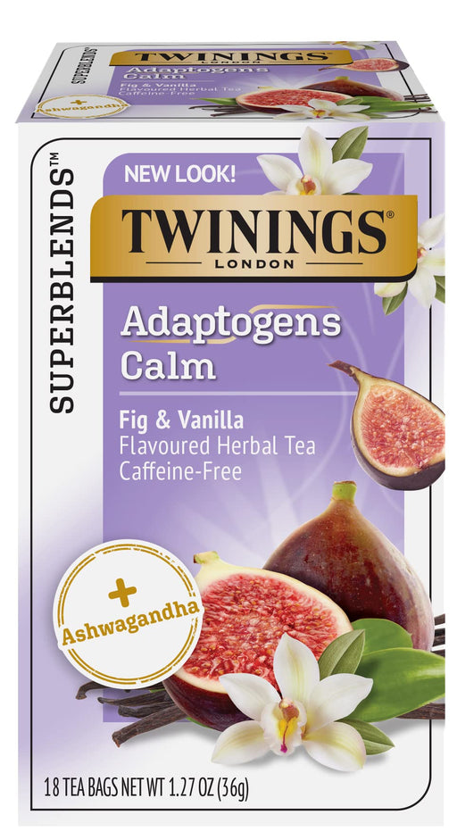Twinings Superblends Adaptogens Calm Fig & Vanilla Flavoured Herbal Tea Caffeine- Free, 18 Tea Bags (Pack of 6) Calm with Adaptogens Fig & Vanilla 18 Count (Pack of 6)