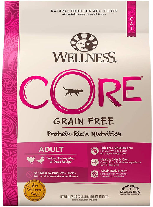 Wellness CORE Grain Free Dry Cat Food, High Protein Cat Food, Turkey, Turkey Meal & Duck Recipe, Made in USA, Natural, Adult, Added Vitamins and Minerals, Fish Free, Healthy Skin & Coat, Filler Free