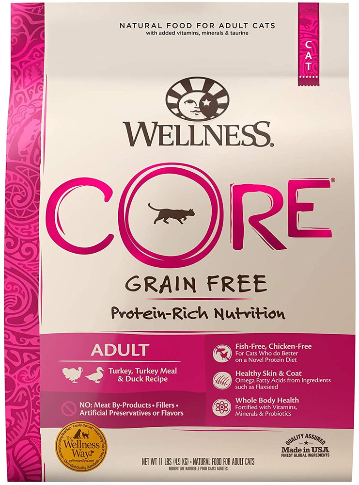 Wellness CORE Grain Free Dry Cat Food, High Protein Cat Food, Turkey, Turkey Meal & Duck Recipe, Made in USA, Natural, Adult, Added Vitamins and Minerals, Fish Free, Healthy Skin & Coat, Filler Free