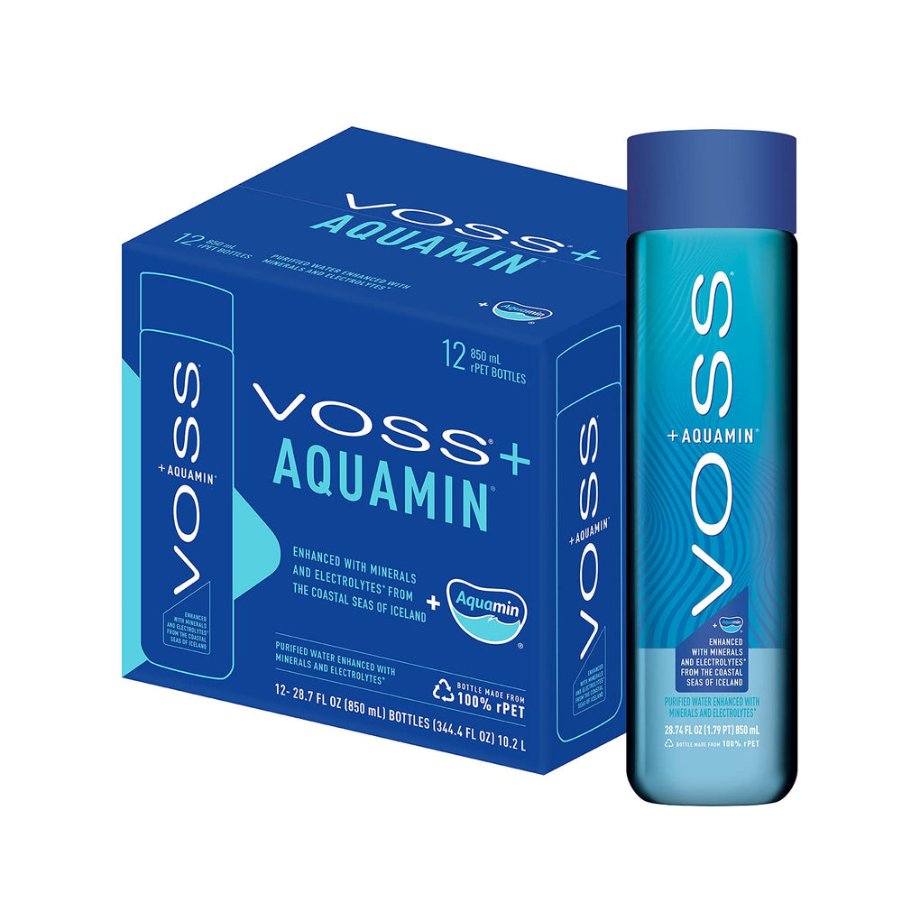 VOSS+ Aquamin - Pure Premium Water with Minerals & Electrolytes for Optimal Hydration - Vegan, Gluten Free, Kosher - Sustainable 100% Recycled PET Bottles, 28.7 Fl Oz (Pack of 12)
