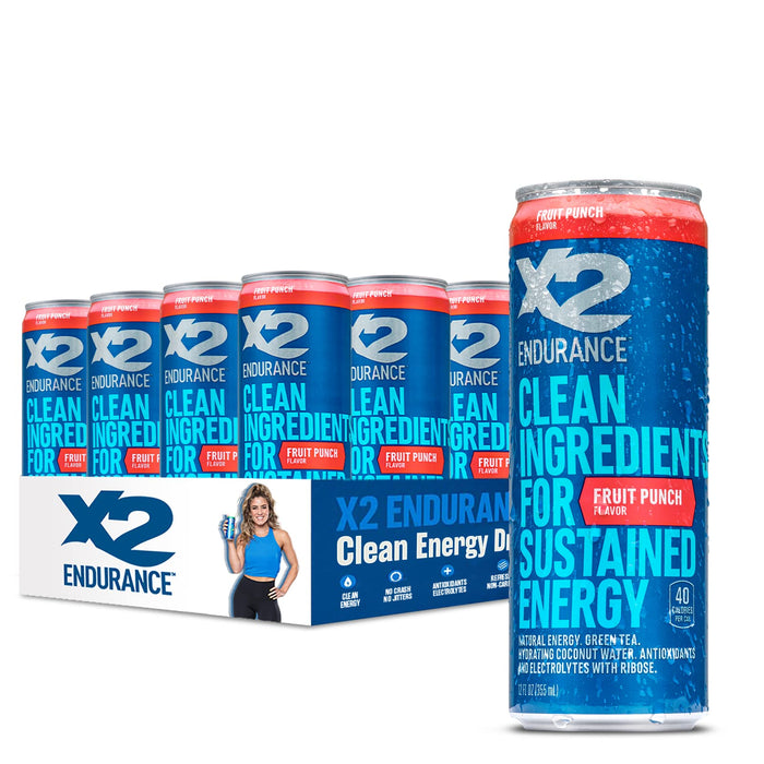 X2 Clean Energy Drink - Sustained Energy for Sport & Fitness Endurance, Low Calorie & Low Sugar (Fruit Punch, Pack of 24) Fruit Punch 12 Fl Oz (Pack of 24)