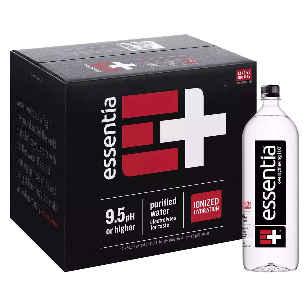 Essentia Water; 1.5L Bottles; Ionized Alkaline Bottled Water; Electrolytes for Taste; Better Rehydration; pH 9.5 or Higher; Pure Drinking Water 50.7 Fl Oz (Pack of 12)
