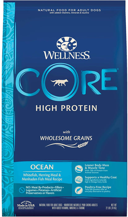 Wellness CORE Dry Dog Food with Wholesome Grains, High Protein Dog Food, Ocean Recipe, Whitefish, Natural, Adult, Made in USA, All Breeds,