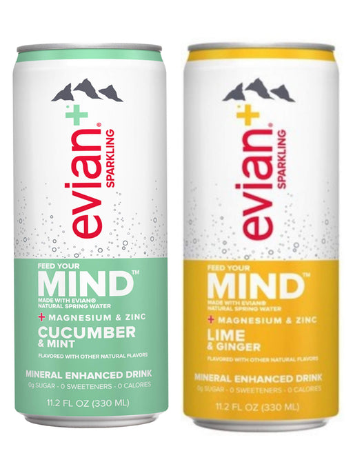 Evian mind sparkling water 11.2 fl oz, 6 cucumber, 6 lime ginger, total 12 cans