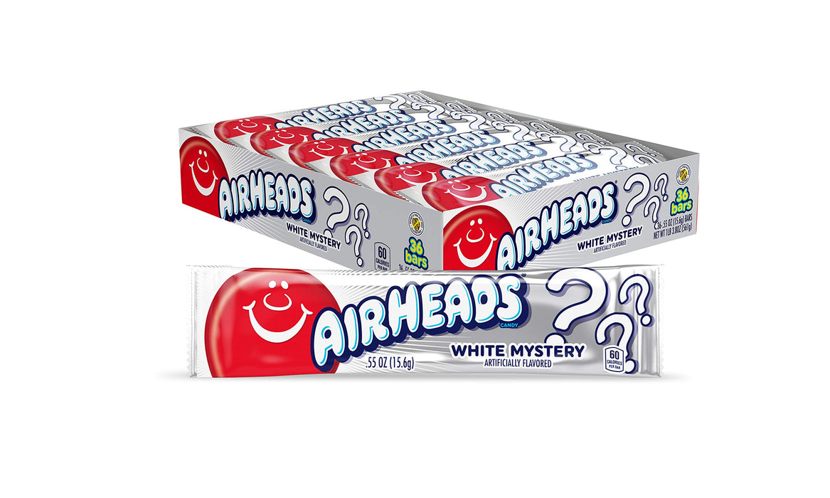 Airheads Candy, White Mystery Flavor, Individually Wrapped Full Size Bars, Taffy, Non Melting, Party, Pack of 36 Bars White Mystery Candy