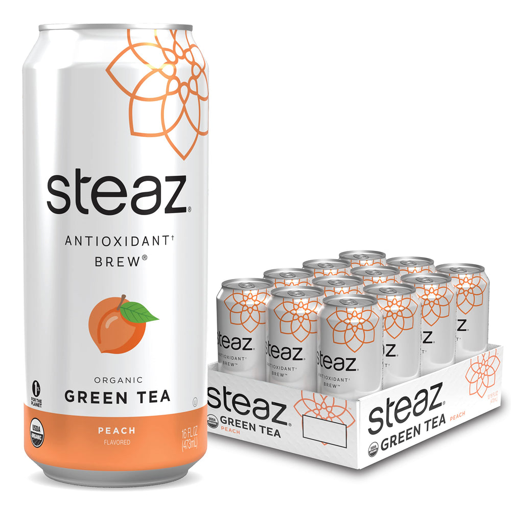 Steaz Lightly Sweetened Iced Green Tea, Peach, 16 Fl Oz, Pack of 12
