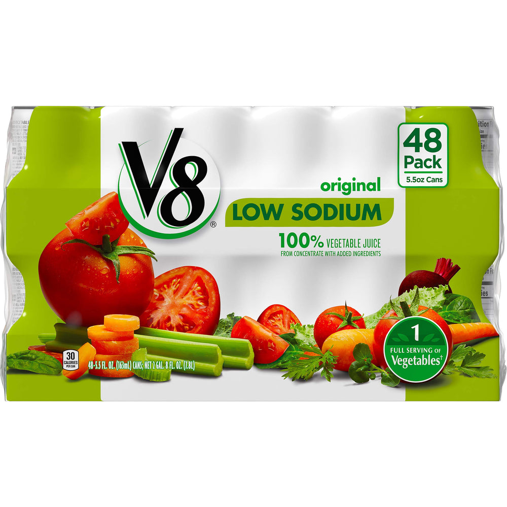 V8 Low Sodium 100% Vegetable Juice, 5.5 oz. can (Pack of 48) Original, Low Sodium, 5.5 oz Can, 48 Pack