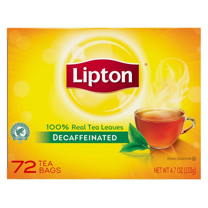 Lipton Decaffeinated Black Enveloped Hot Tea Bags Made with Tea Leaves Sourced from Rainforest Alliance Certified Farms, 72 count, Pack of 6 Decaf Black 72 Count (Pack of 6)