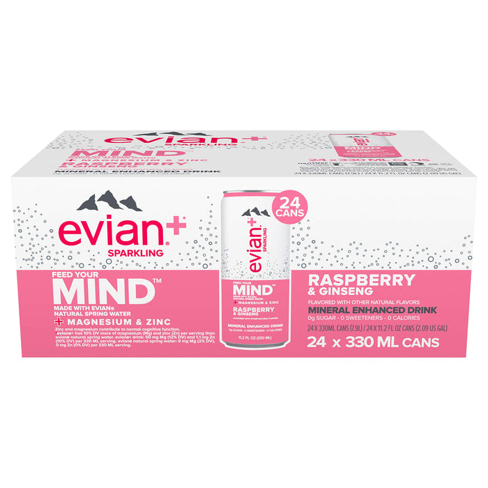evian+ Sparkling Mineral Enhanced Drink Enhanced with Magnesium Zinc, Raspberry & Ginseng, 11.2 Fl Oz (Pack of 24)