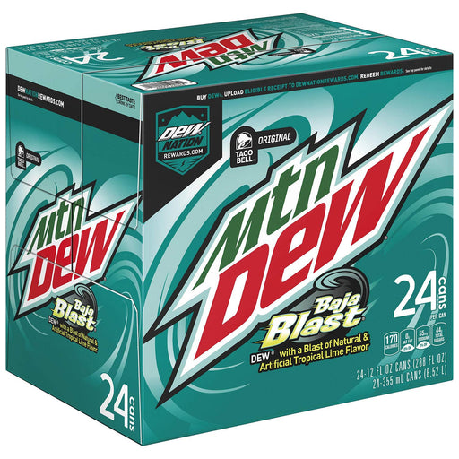 Mountain Dew Baja Blast, 12 fl oz cans, 24 count (packaging may vary) Tropical Lime 12 Fl Oz (Pack of 24)