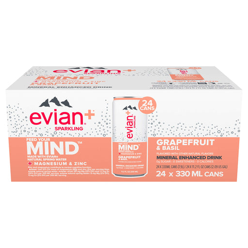evian + Sparkling Mineral Enhanced with Magnesium & Zinc Drink, Grapefruit & Basil, 11.2 Fl Oz, Pack of 24