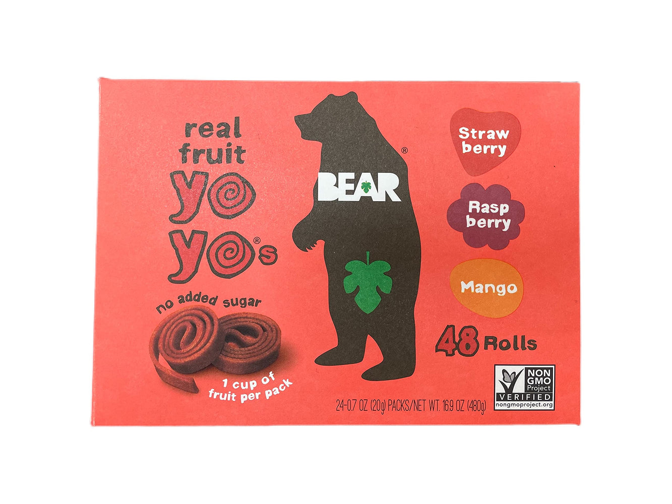 BEAR THE BIG CAVE Yoyos Fruit Rolls, Mango, Raspberry, Strawberry, 24 Count 48 Count (Pack of 1)