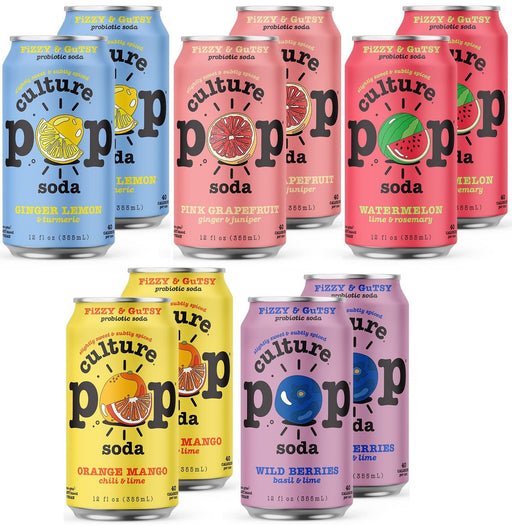 Culture Pop Sparkling Probiotic Soda | 40 Calories per can, Vegan, Non-GMO | 12 Fl Oz Cans (5 Flavor Variety, Pack of 10) 5 Flavor Variety 12 Fl Oz (Pack of 10)