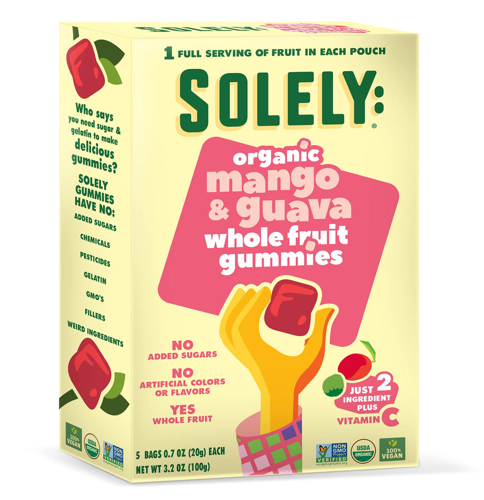 SOLELY Organic Mango and Guava Whole Fruit Gummies, 3.5 oz (5 Bags 0.7 oz each) | Three Ingredients | No Added Sugars, Artificial Colors or Flavors | Vegan Fruit Snacks Mango Guava 1 Count (Pack of 1)