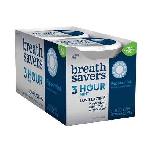 BREATH SAVERS Peppermint Sugar Free Breath Mints, Mint Candy, 8 count ( Pack of 1 ) Peppermint Tins