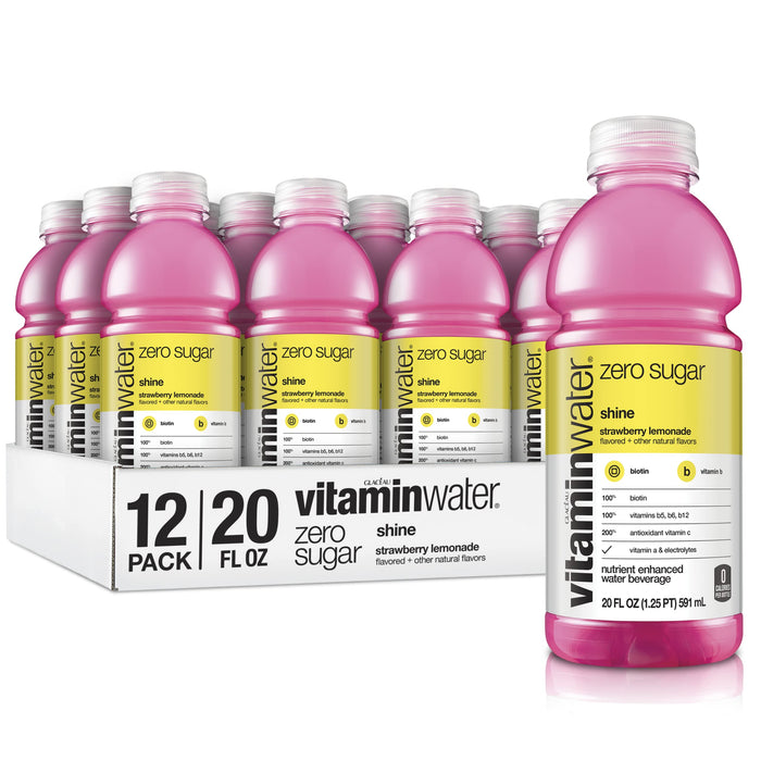 vitaminwater zero shine, strawberry-lemonade flavored, electrolyte enhanced bottled water with vitamin b5, b6, b12, 20 fl oz, 12 pack