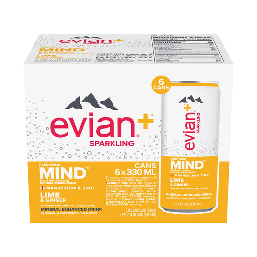 evian+ Sparkling Mineral Enhanced Drink, Lime & Ginger, 11.2 fl oz cans, 6 pack