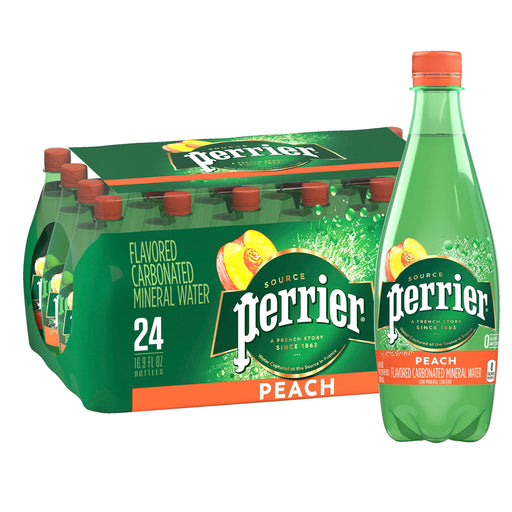 Perrier Flavored Carbonated Mineral Water Plastic Bottles, Peach, 16.9 Fl Oz (Pack of 24)