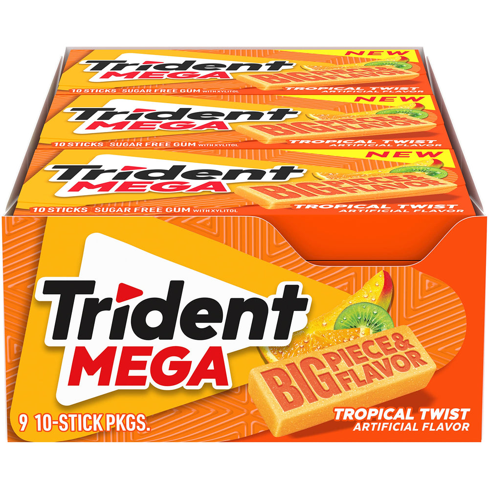 Trident Mega Tropical Twist Sugar Free Gum, 9 packs of 10 Pieces (90 total pieces)