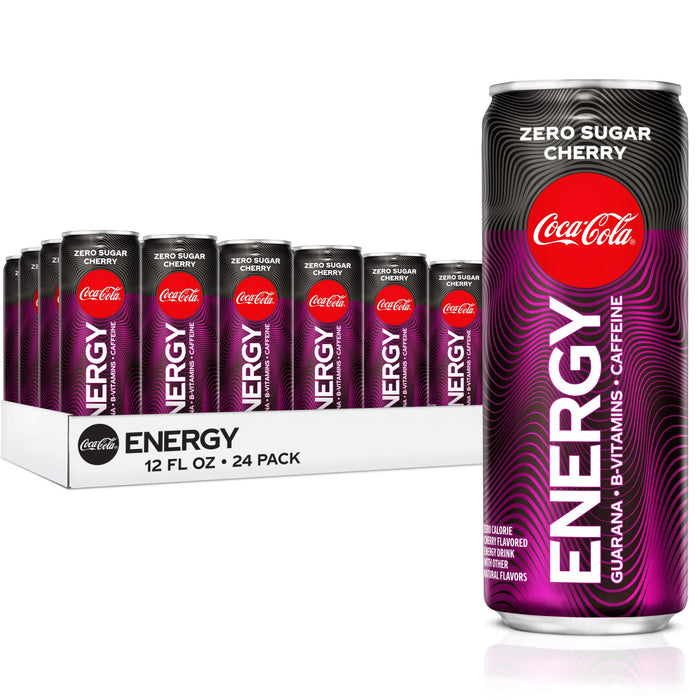 Coke Energy Zero Sugar Cherry, Cherry Energy Drinks with Vitamin B6, 144 mg Caffeine, 12 fl oz, 24 Pack
